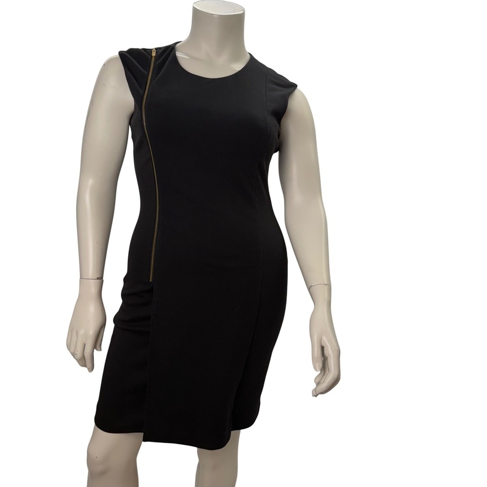 Calvin Klein Sheath Midi Dress Black Sleeveless Gold Zip Office Siren Career 12